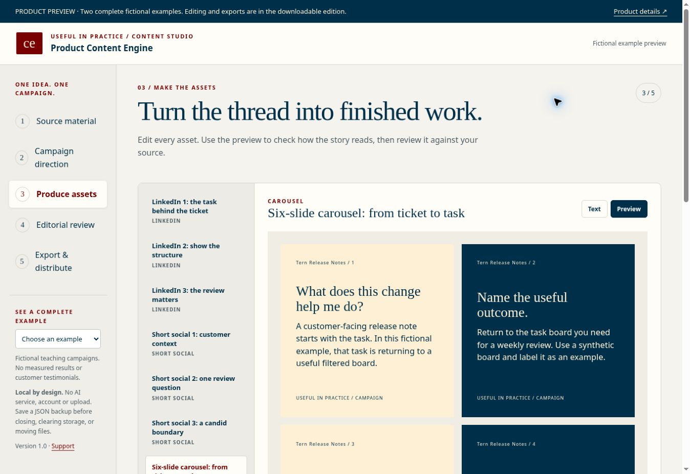Actual Content Studio with a fictional campaign, editable channel assets and a six-slide carousel preview