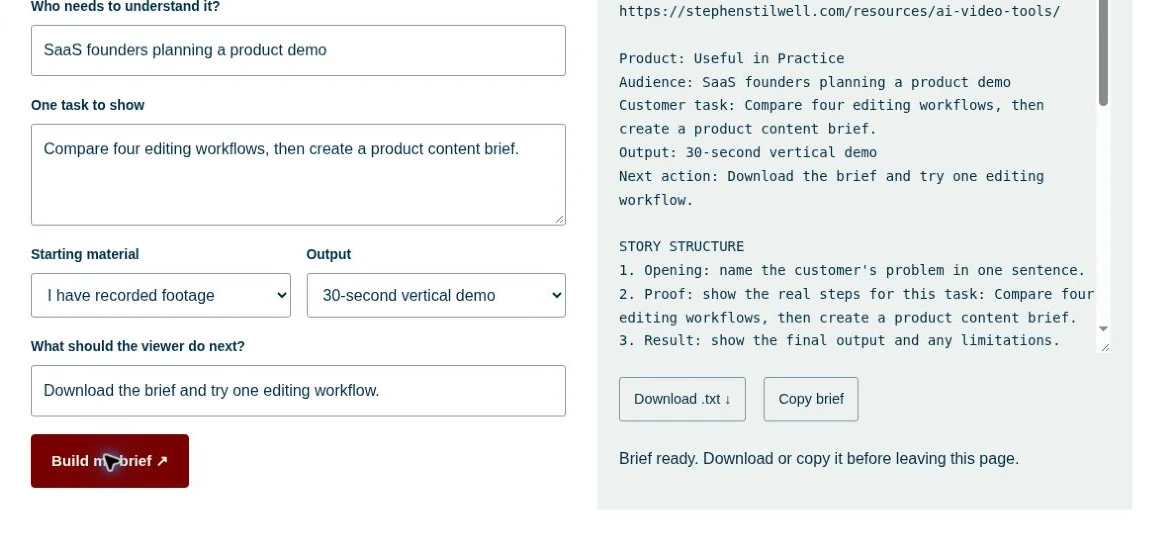 Actual text brief produced from a completed Useful in Practice planner