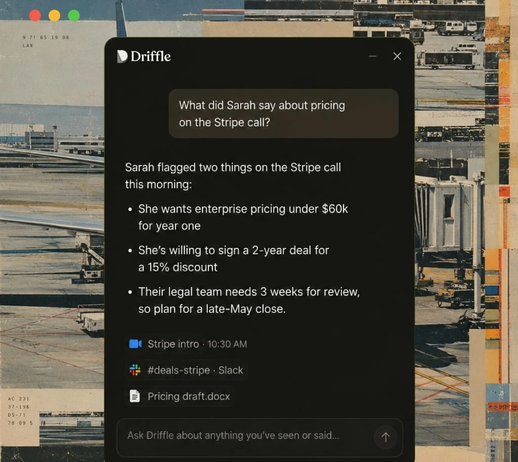 Official Driffle Chat visual showing an answer about pricing with meeting, Slack and document references