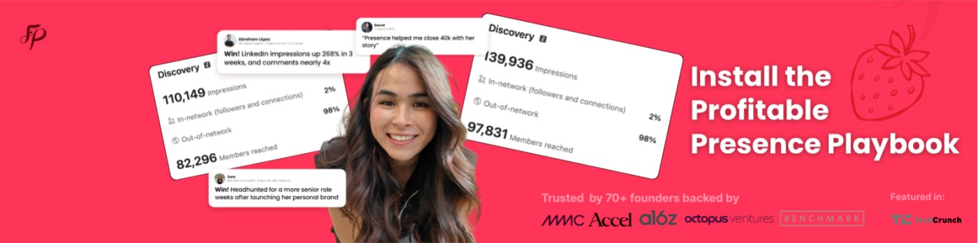 Presence Plumb’s pink Profitable Presence Playbook banner with her portrait, LinkedIn analytics, testimonial snippets and investor logos