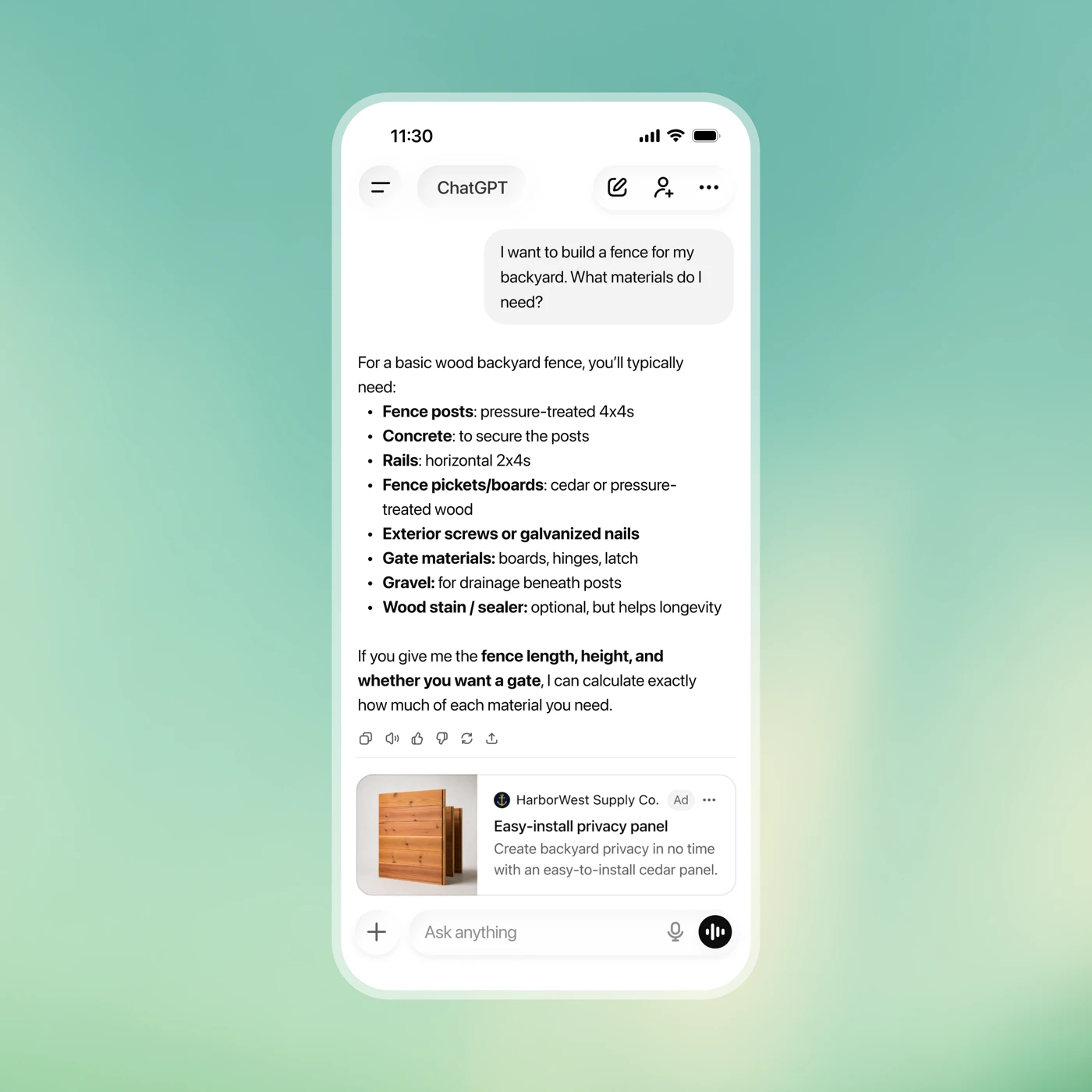 Official OpenAI example of a ChatGPT conversation followed by a clearly separated sponsored ad