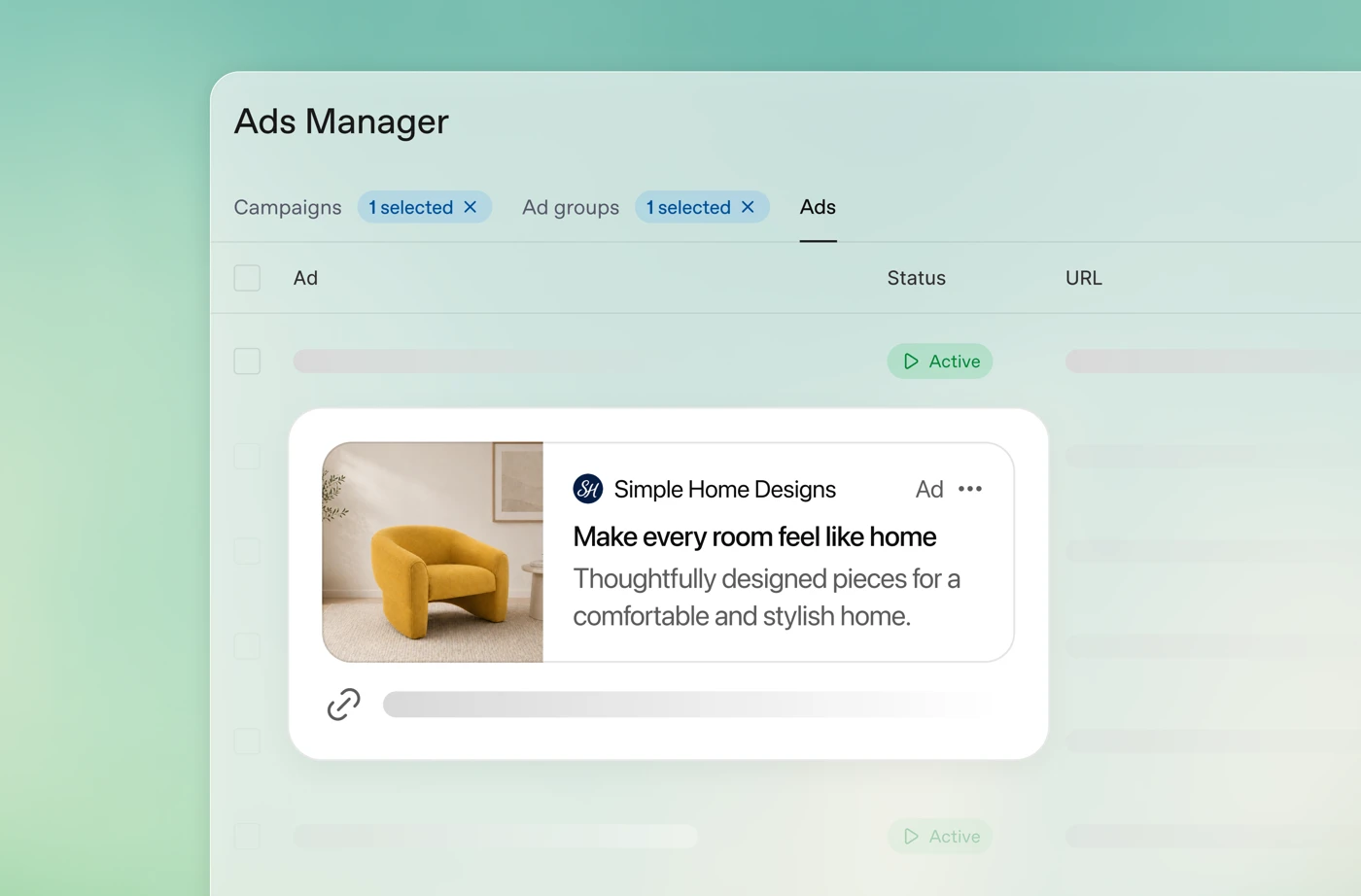 Official OpenAI Ads Manager interface showing an example ad with a yellow armchair