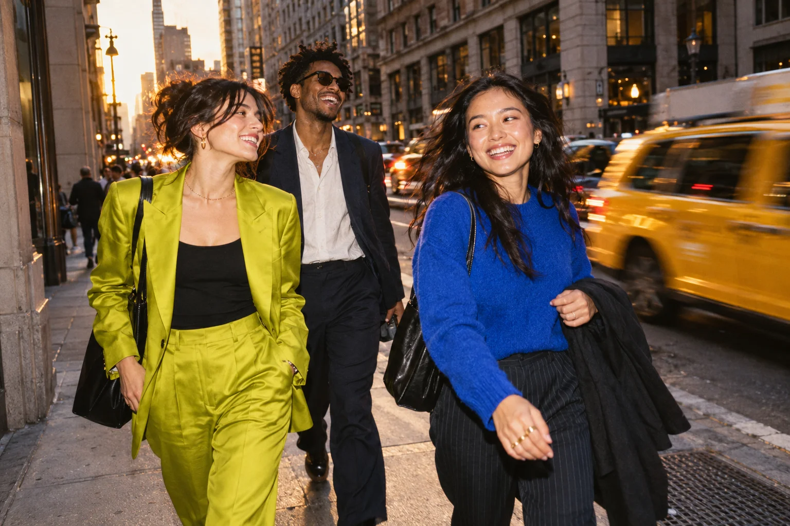 Illustrated campaign mood: creative professionals heading out onto a lively New York street
