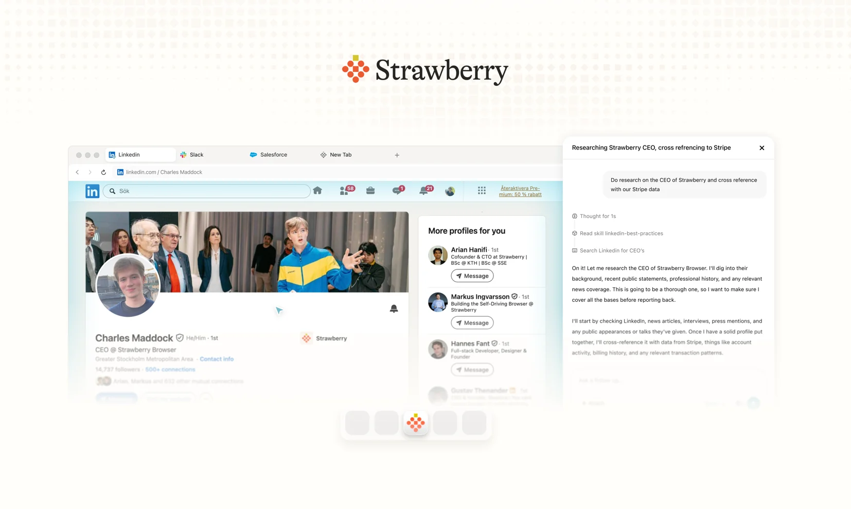 Strawberry browser research interface with an AI companion working beside open web content