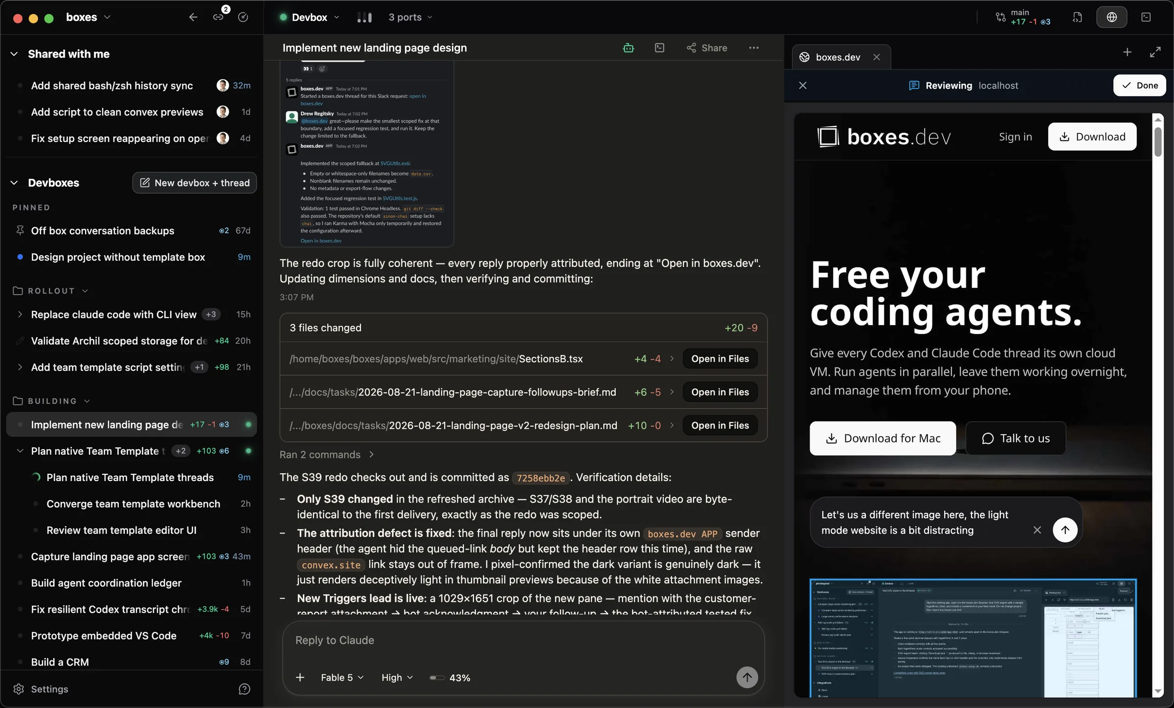 Boxes.dev workbench with agent threads, transcript and integrated terminal