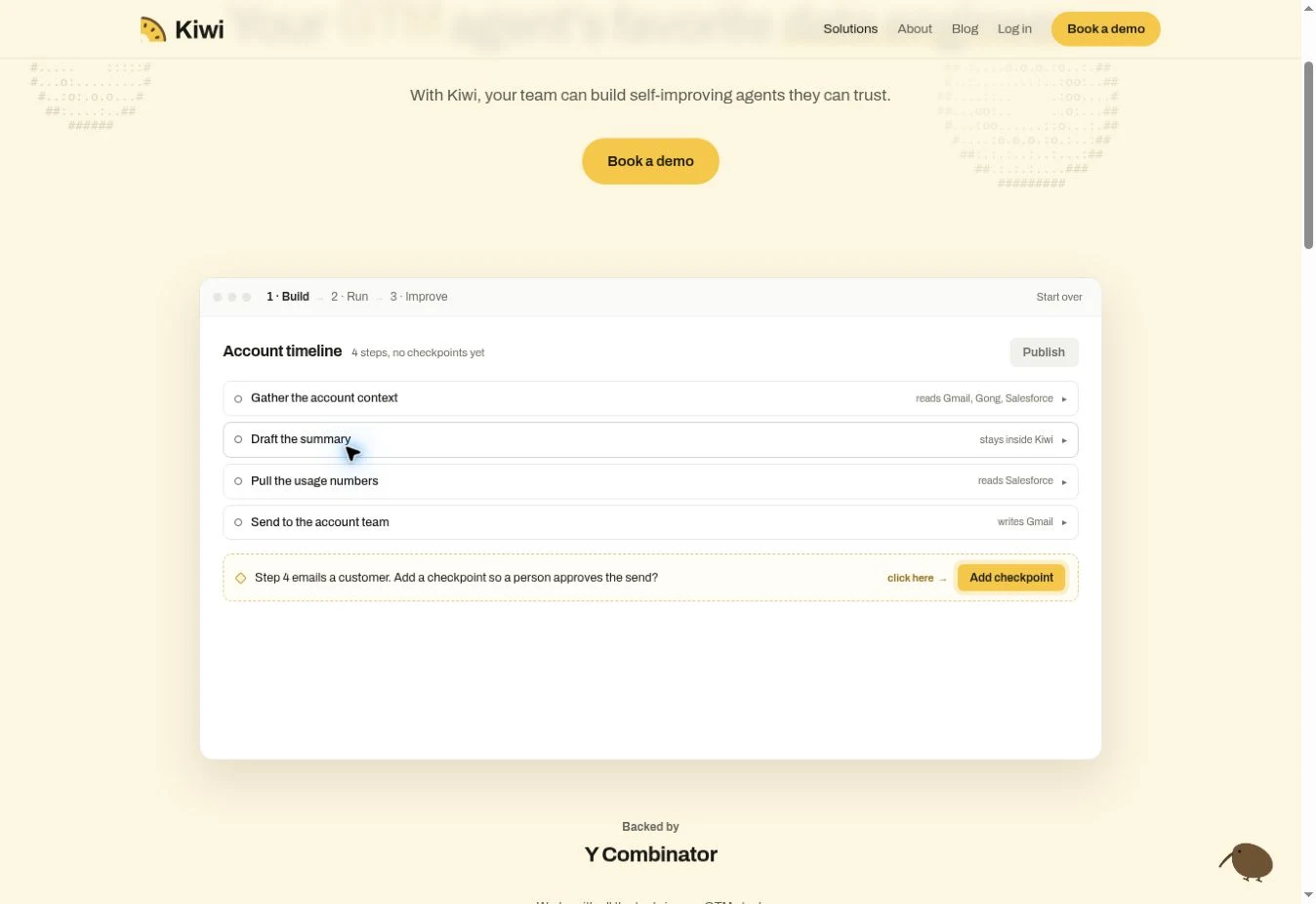 Kiwi public demonstration showing an account workflow and a proposed human checkpoint