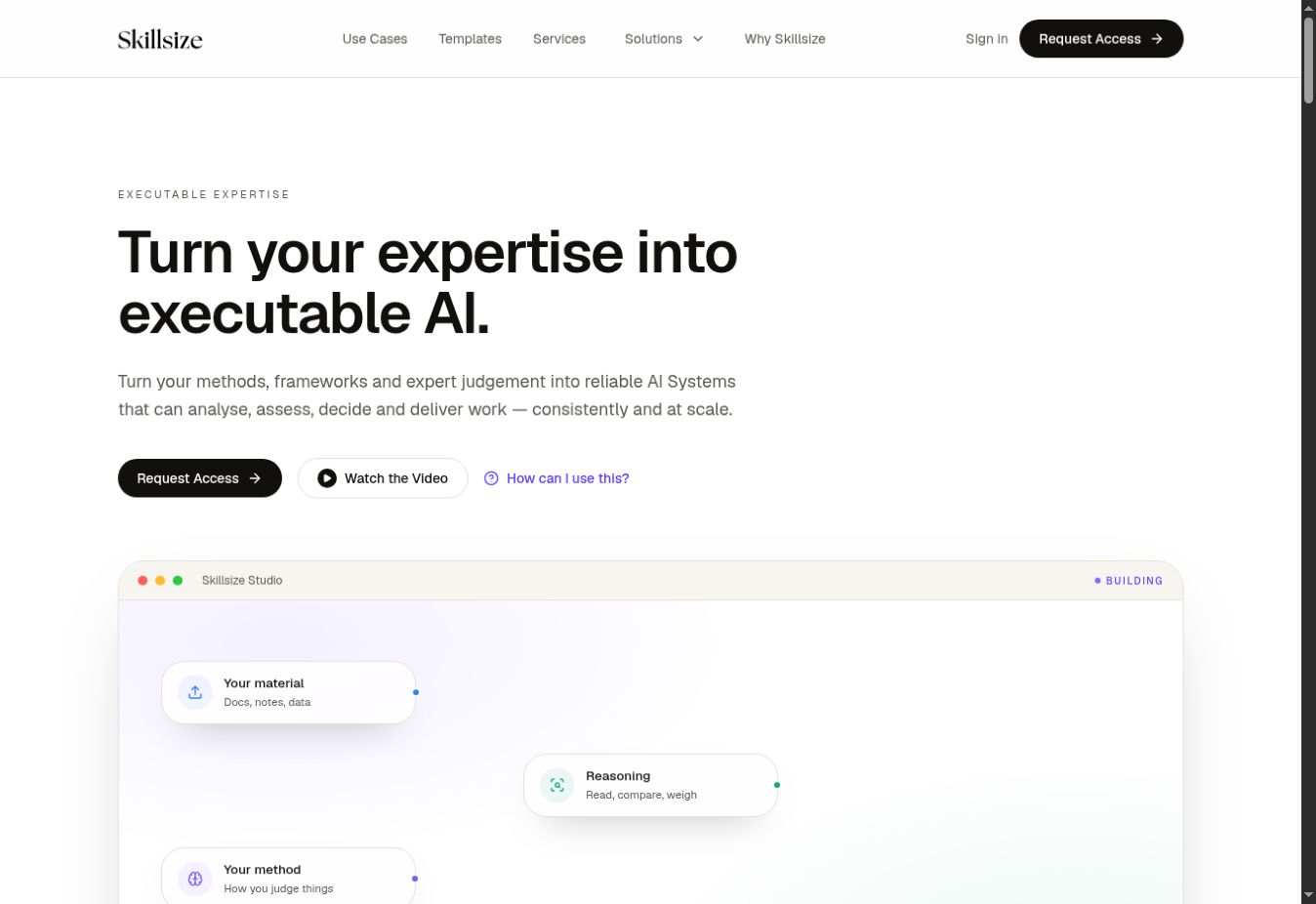 Skillsize's official homepage introducing executable AI expertise and its Studio concept