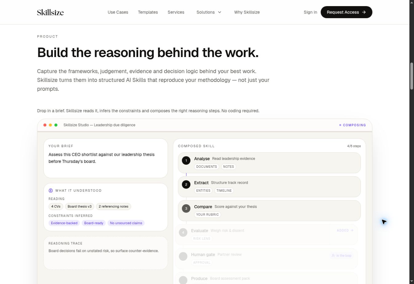 Screenshot of Skillsize's public Studio demonstration with an evidence brief, reasoning stages, and a human approval gate