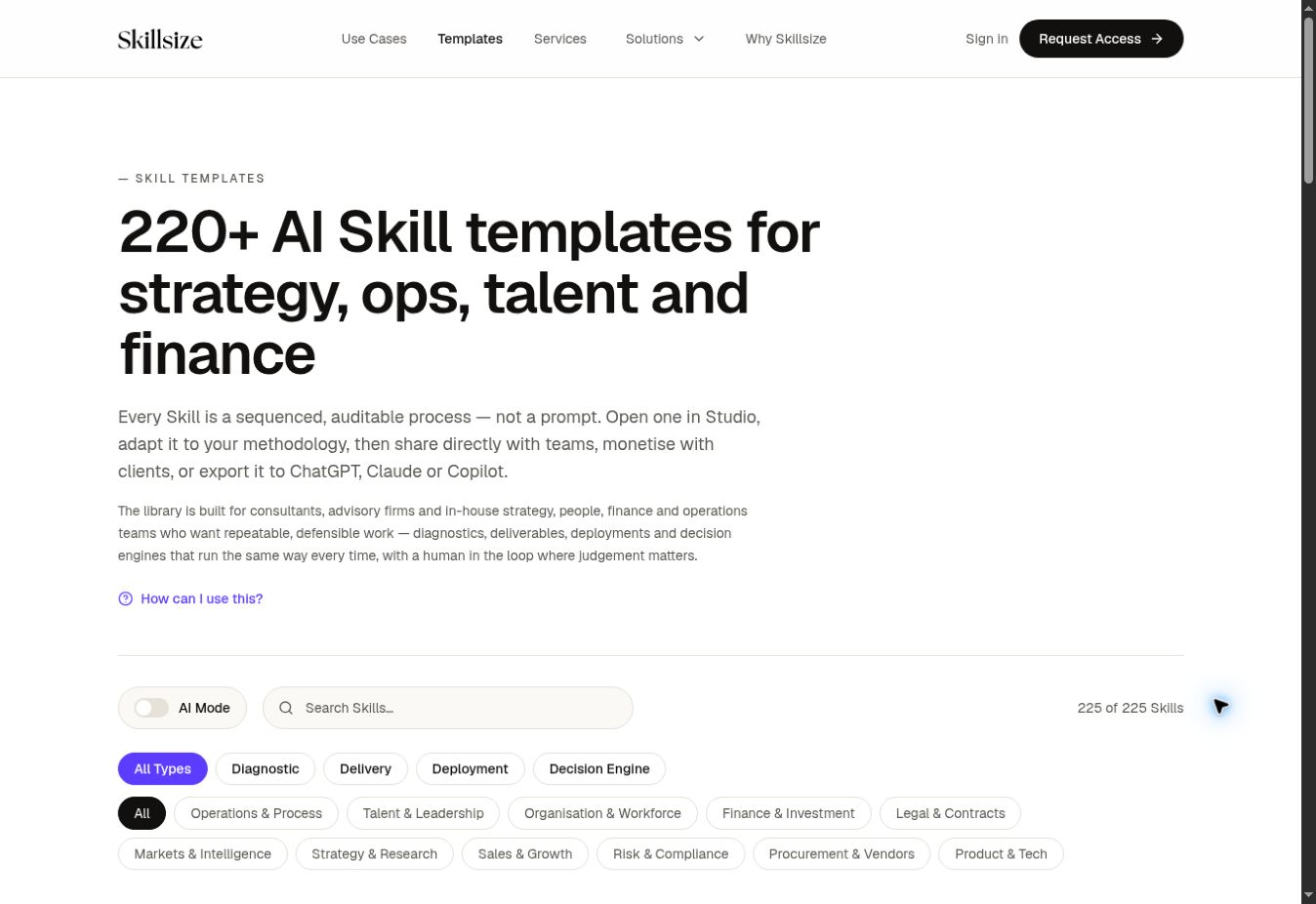 Screenshot of Skillsize's official Skill template directory with searchable categories